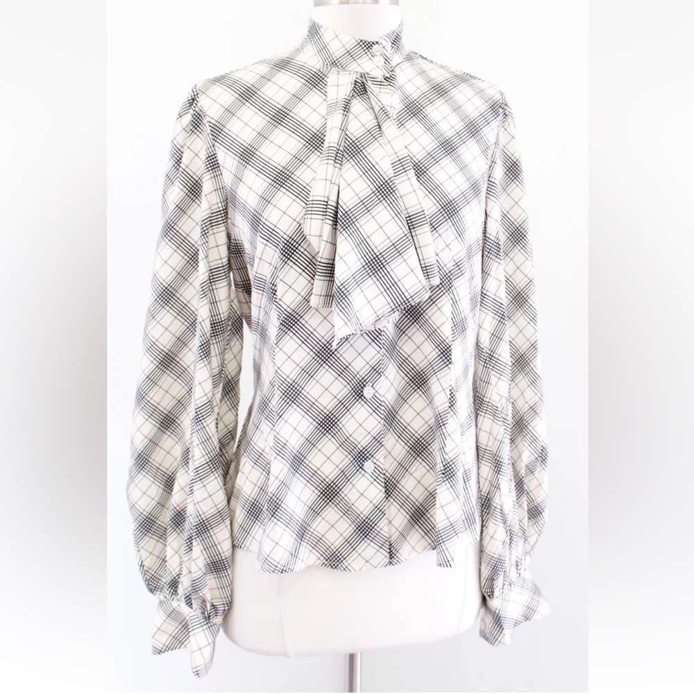 Unique Vintage Cream Black Plaid Ruffle Button Front Shirt Blouse Retro Sz M 6 8